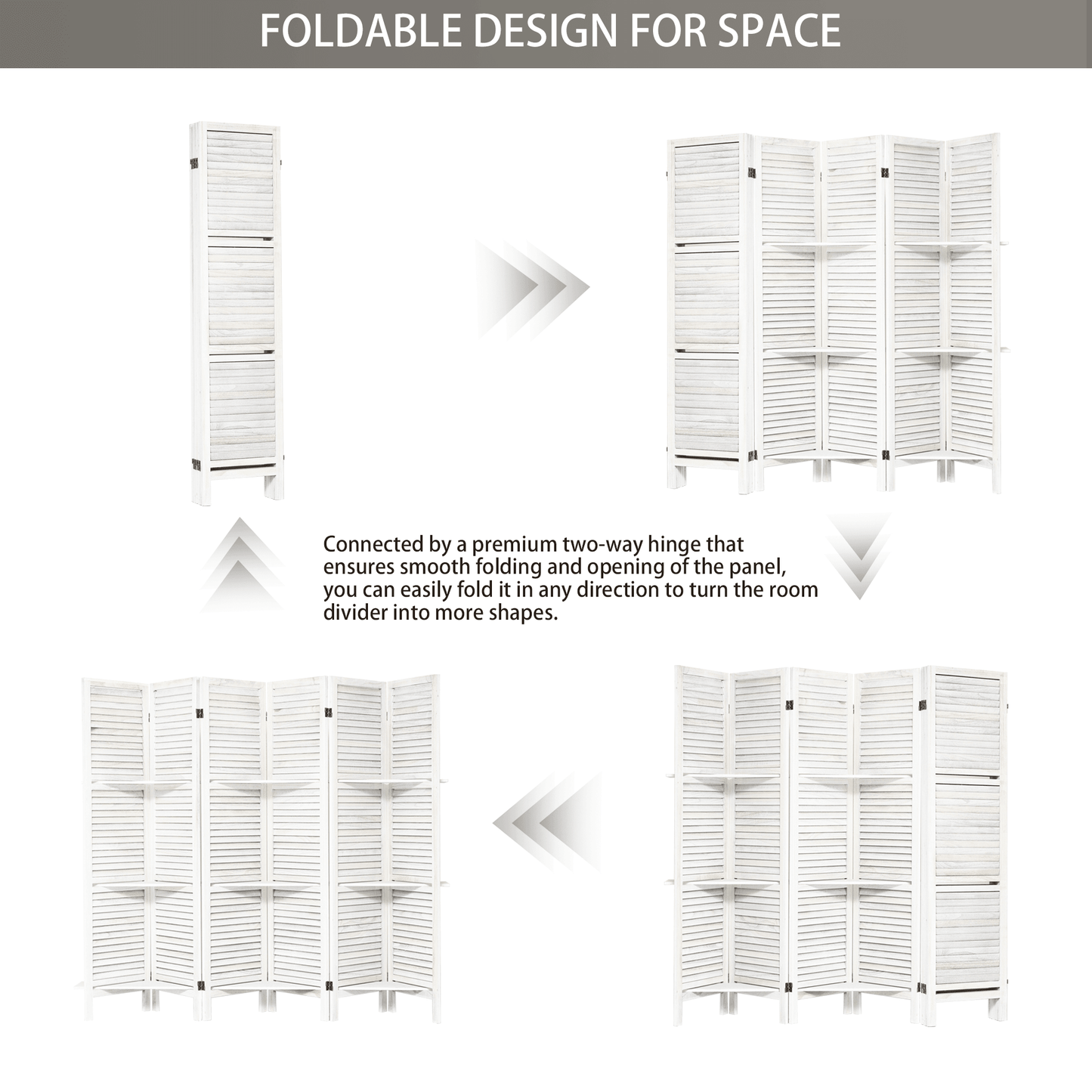 White 6 Panel Folding Room Divider With Shelves For Home Office Studio Apartment Privacy Screen