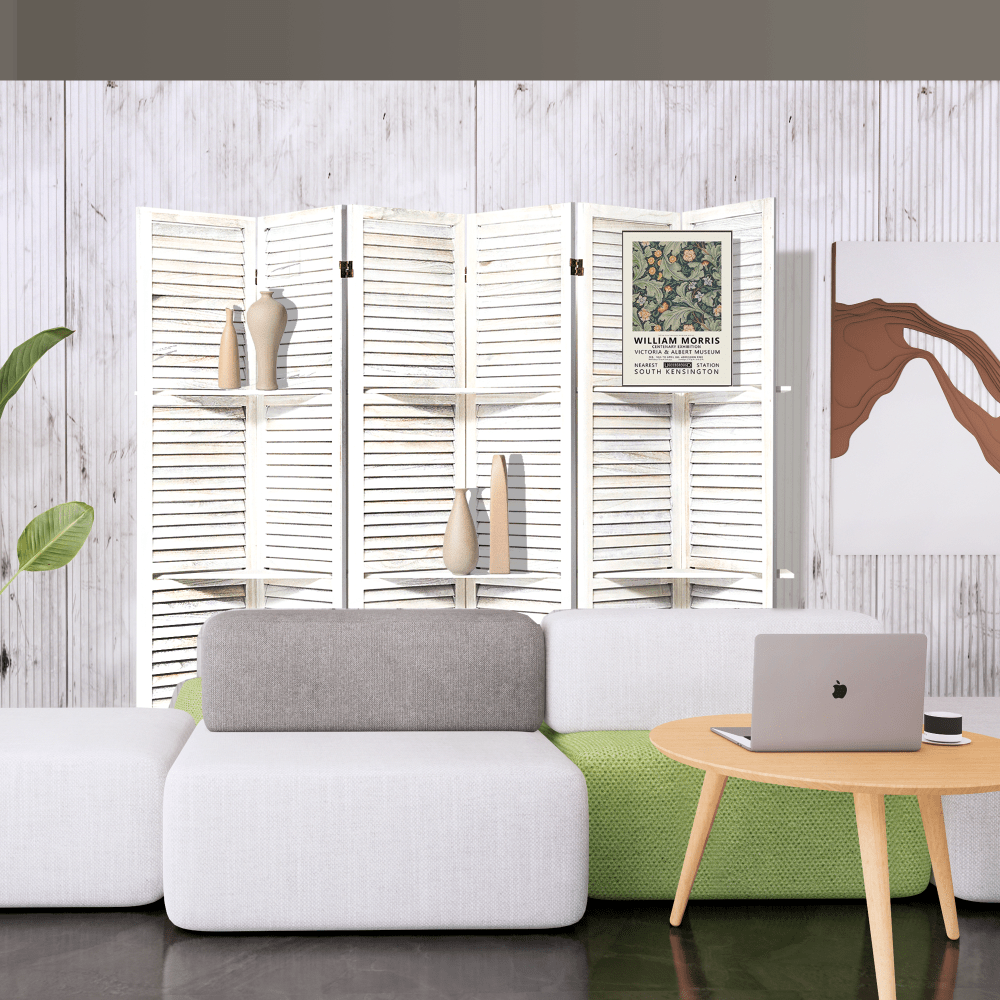 White 6 Panel Folding Room Divider With Shelves For Home Office Studio Apartment Privacy Screen