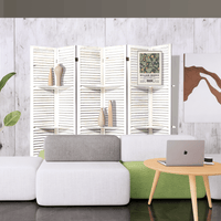 White 6 Panel Folding Room Divider With Shelves For Home Office Studio Apartment Privacy Screen