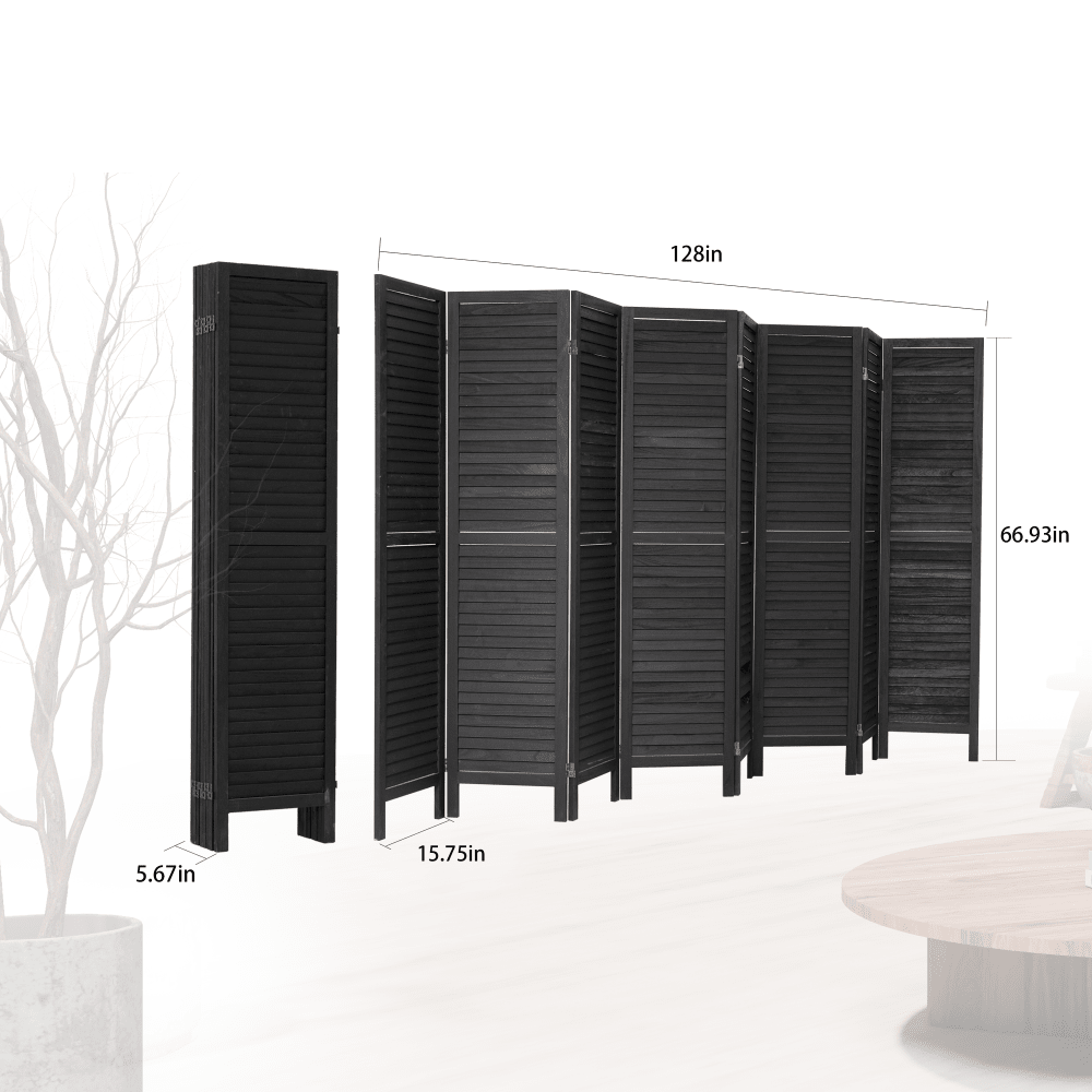 8 Panel Folding Room Divider Privacy Screen 5.6Ft Tall Freestanding Louvered Wood Divider For Home Office Bedroom Restaurant Black