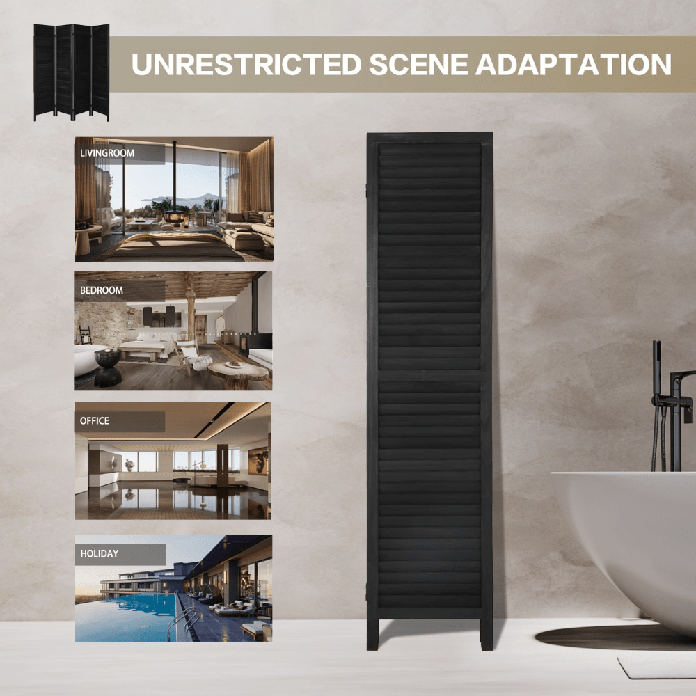 8 Panel Folding Room Divider Privacy Screen 5.6Ft Tall Freestanding Louvered Wood Divider For Home Office Bedroom Restaurant Black