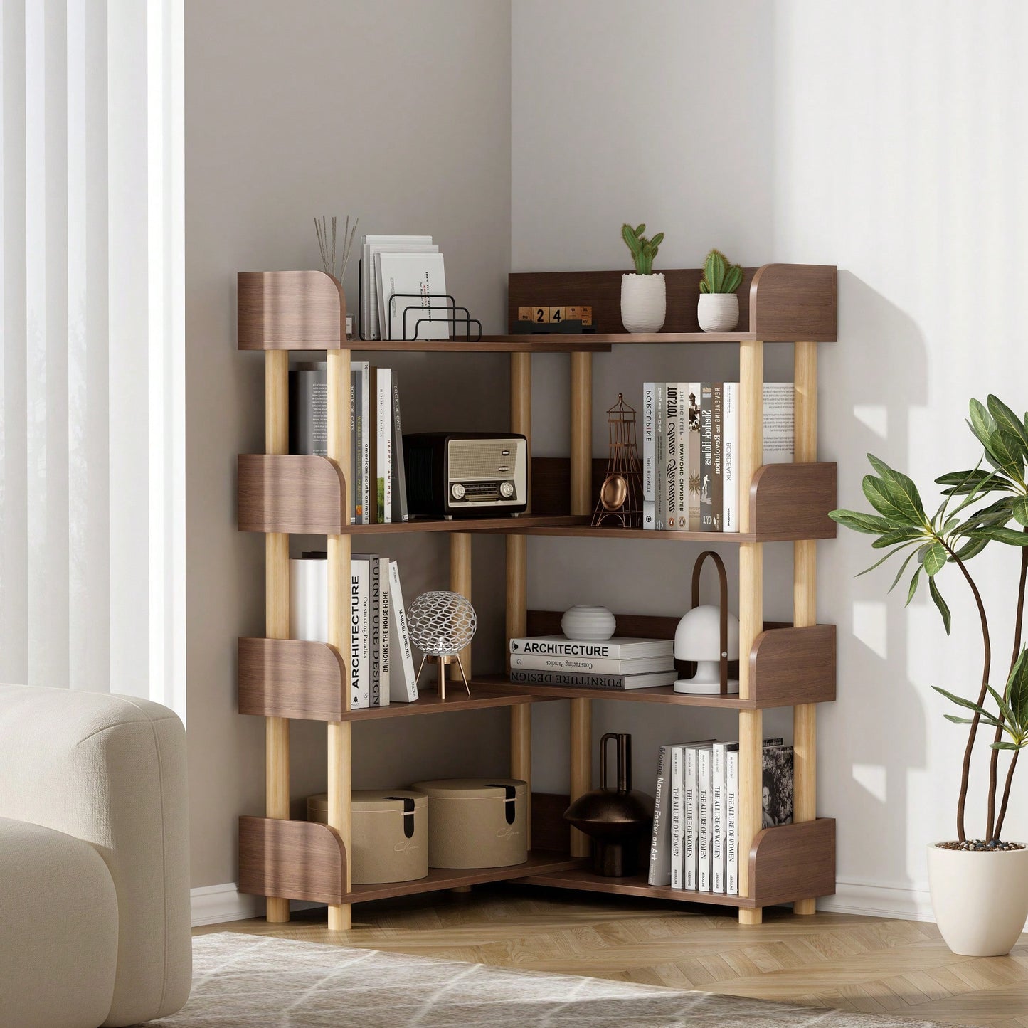 4 Tier Rotatable Wooden Corner Bookcase Rustic Brown Storage Rack for CDs Movies Books Utility Organizer for Living Room Office Bedroom