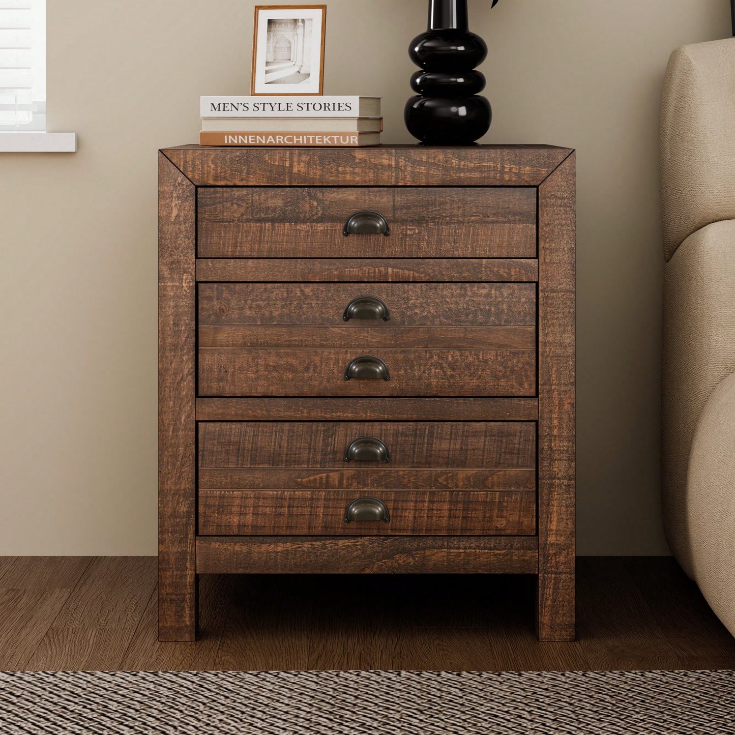 Rustic Farmhouse Three-Drawer Pine Wood Nightstand With Cup Pulls And Built-In Charging Station