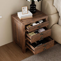 Rustic Farmhouse Three-Drawer Pine Wood Nightstand With Cup Pulls And Built-In Charging Station