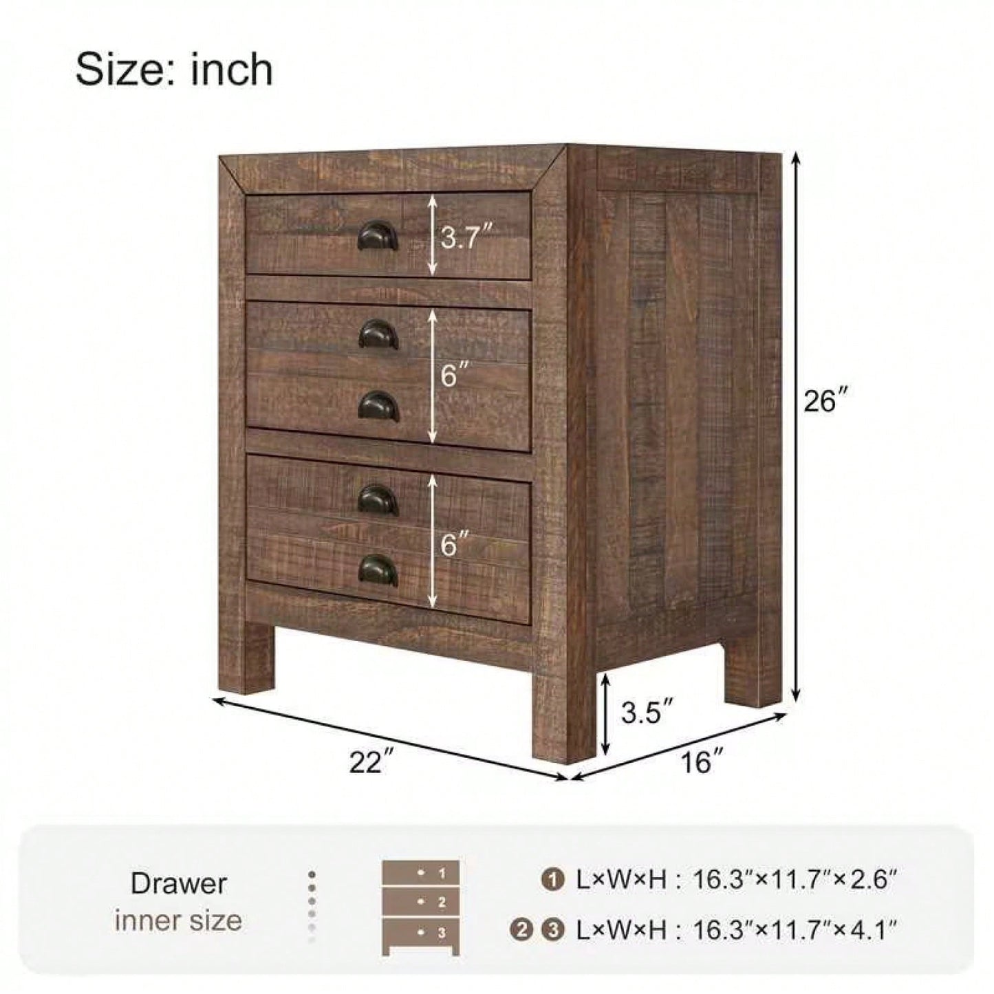 Rustic Farmhouse Three-Drawer Pine Wood Nightstand With Cup Pulls And Built-In Charging Station