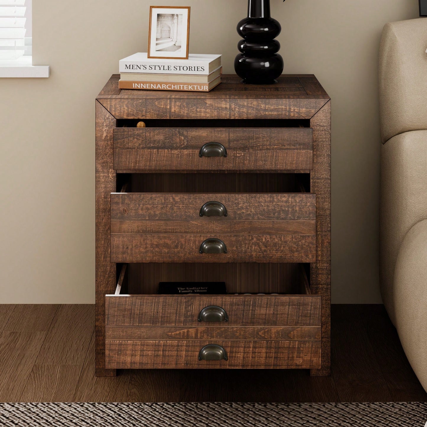 Rustic Farmhouse Three-Drawer Pine Wood Nightstand With Cup Pulls And Built-In Charging Station