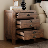 Rustic Farmhouse Three-Drawer Pine Wood Nightstand With Cup Pulls And Built-In Charging Station