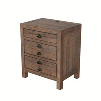 Rustic Farmhouse Three-Drawer Pine Wood Nightstand With Cup Pulls And Built-In Charging Station