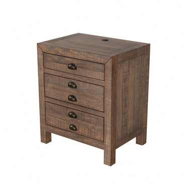 Rustic Farmhouse Three-Drawer Pine Wood Nightstand With Cup Pulls And Built-In Charging Station