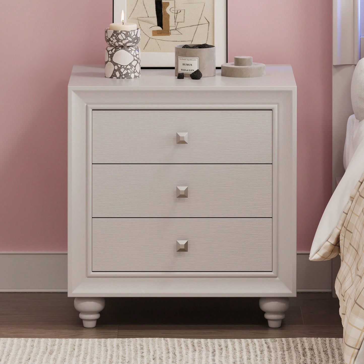 Modern 3 Drawer Nightstand Cream Grey Bedside Table End Table For Bedroom Living Room