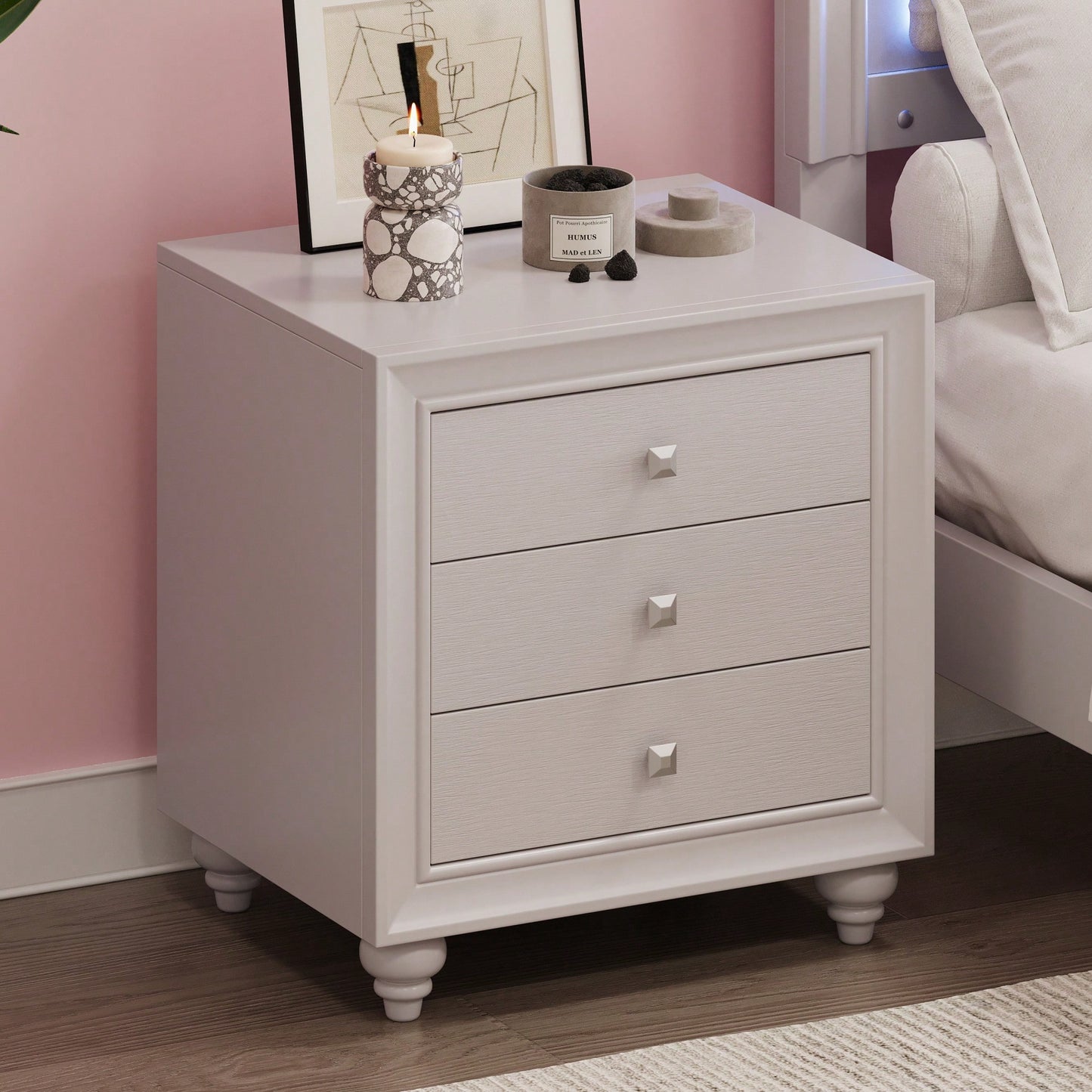 Modern 3 Drawer Nightstand Cream Grey Bedside Table End Table For Bedroom Living Room