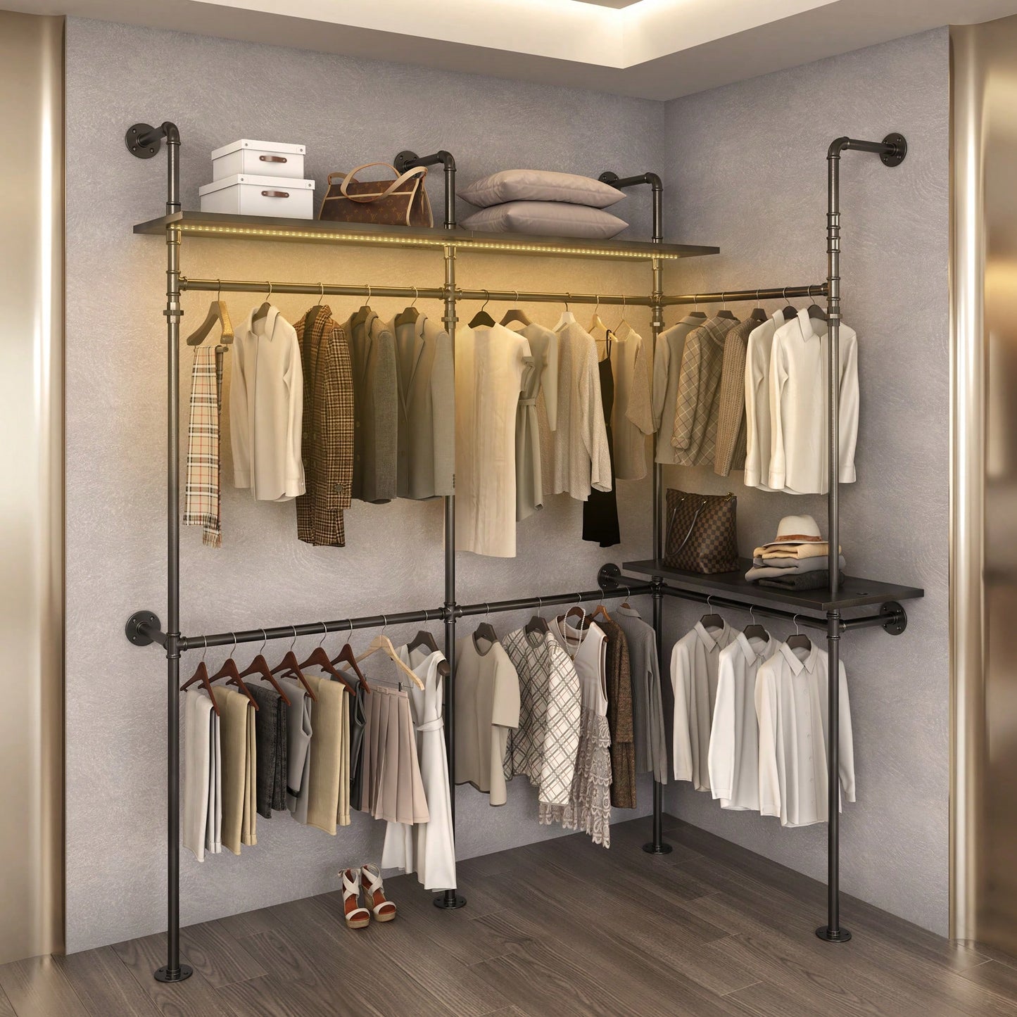 Heavy Duty Industrial Pipe Clothing Rack With LED Lights And Shelves For Walk-In Closet System 118.3 Inch Black Garment Rack