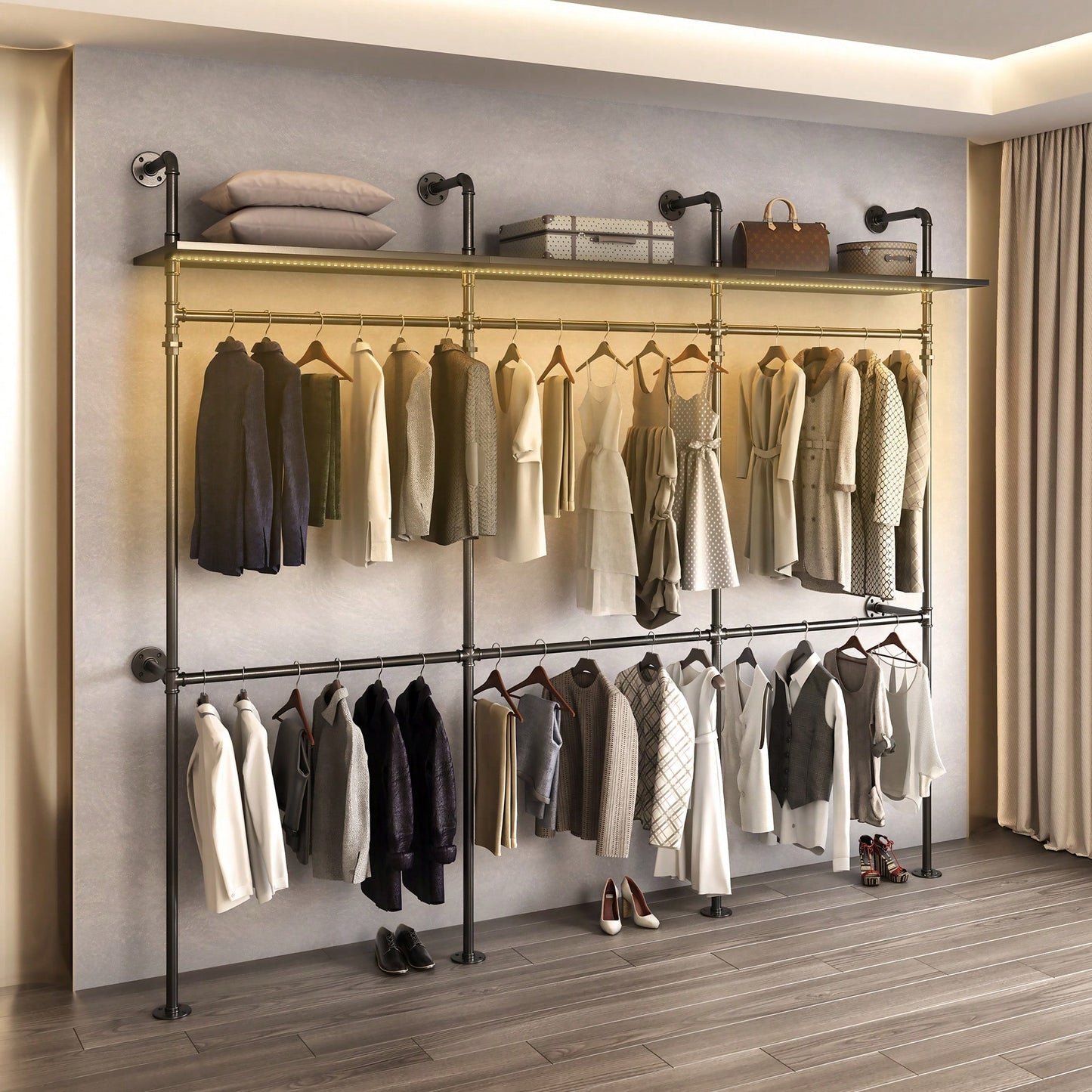 Heavy Duty Industrial Pipe Clothing Rack With LED Lights And Shelves For Walk-In Closet System 118.3 Inch Black Garment Rack