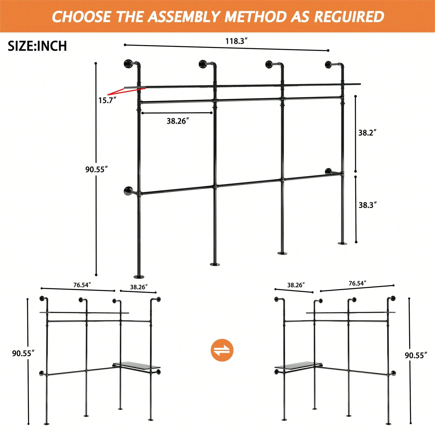 Heavy Duty Industrial Pipe Clothing Rack With LED Lights And Shelves For Walk-In Closet System 118.3 Inch Black Garment Rack