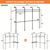 Heavy Duty Industrial Pipe Clothing Rack With LED Lights And Shelves For Walk-In Closet System 118.3 Inch Black Garment Rack