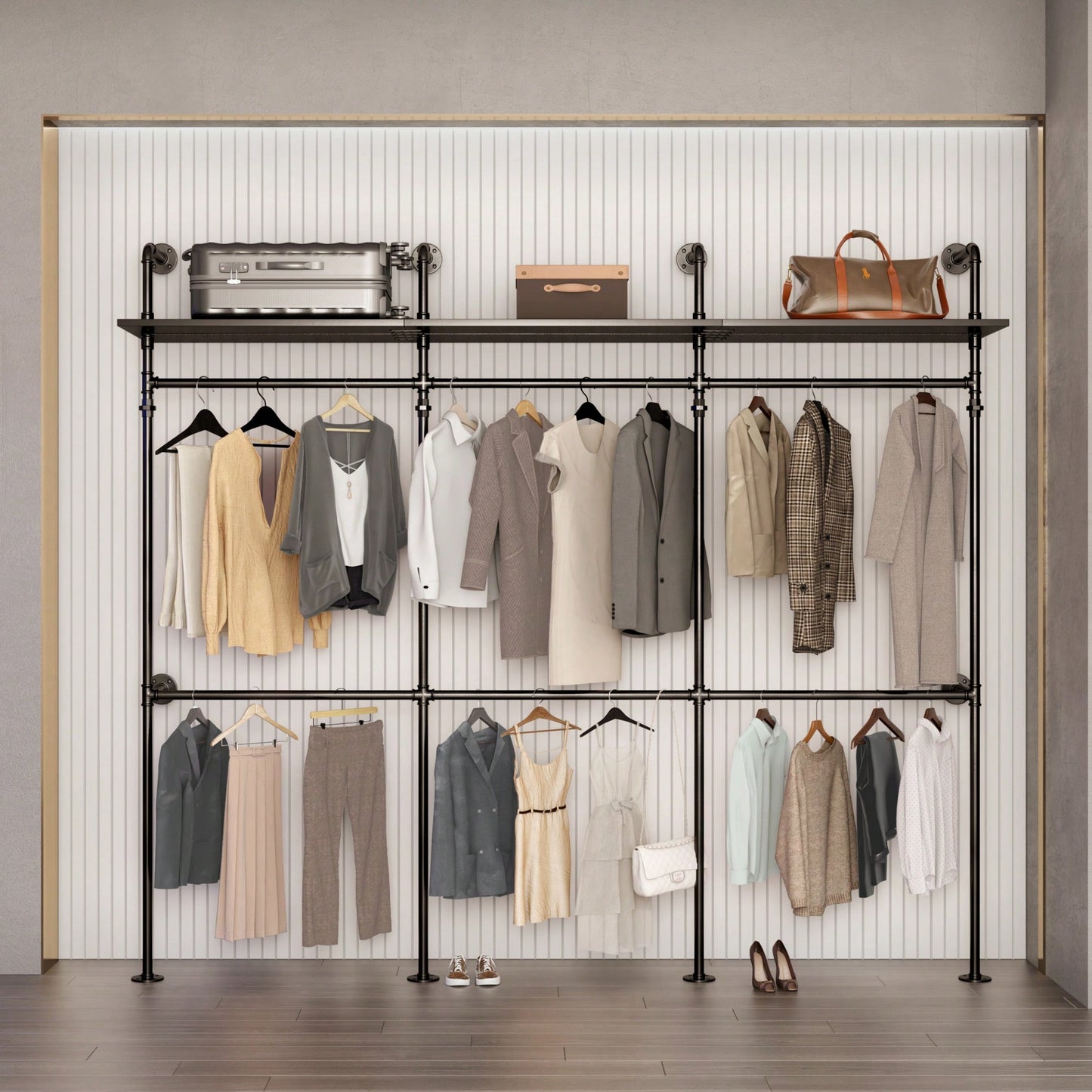 Heavy Duty Industrial Pipe Clothing Rack With LED Lights And Shelves For Walk-In Closet System 118.3 Inch Black Garment Rack