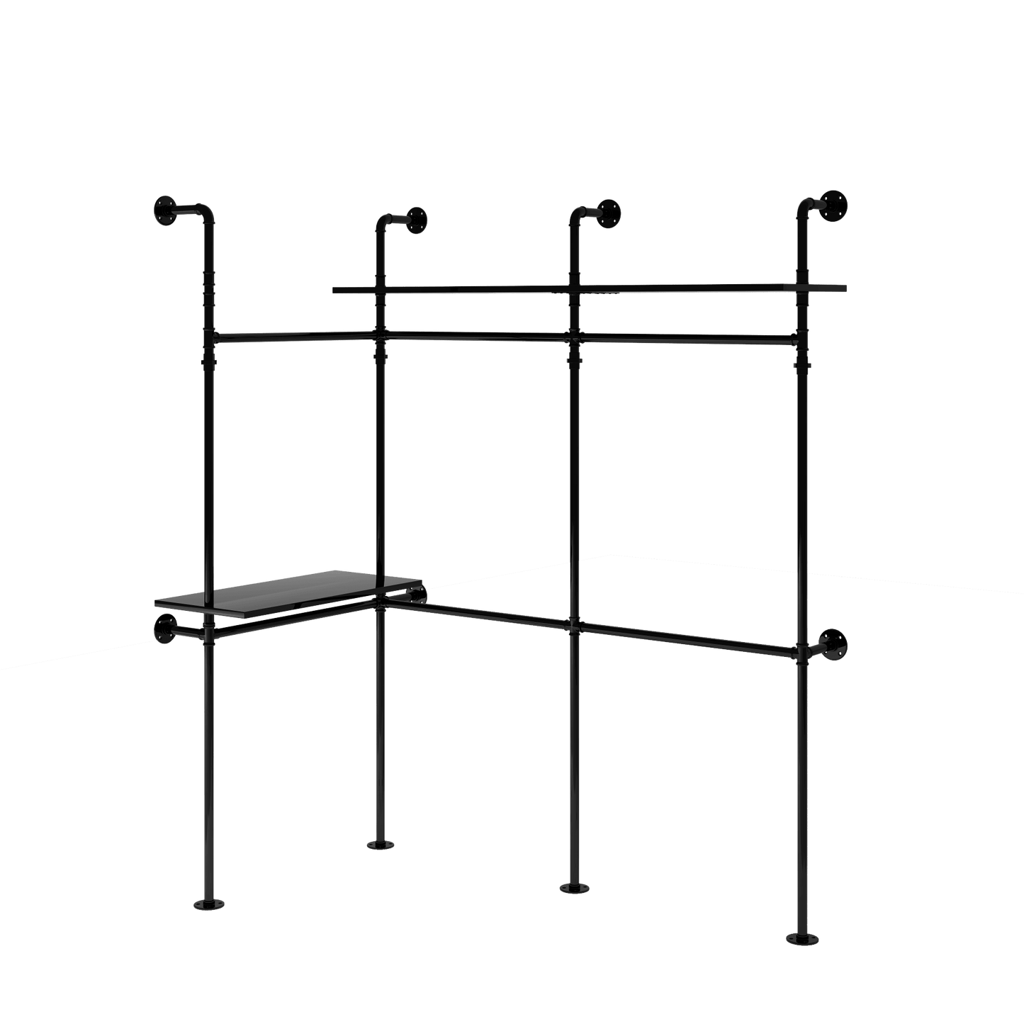 Heavy Duty Industrial Pipe Clothing Rack With LED Lights And Shelves For Walk-In Closet System 118.3 Inch Black Garment Rack