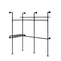 Heavy Duty Industrial Pipe Clothing Rack With LED Lights And Shelves For Walk-In Closet System 118.3 Inch Black Garment Rack