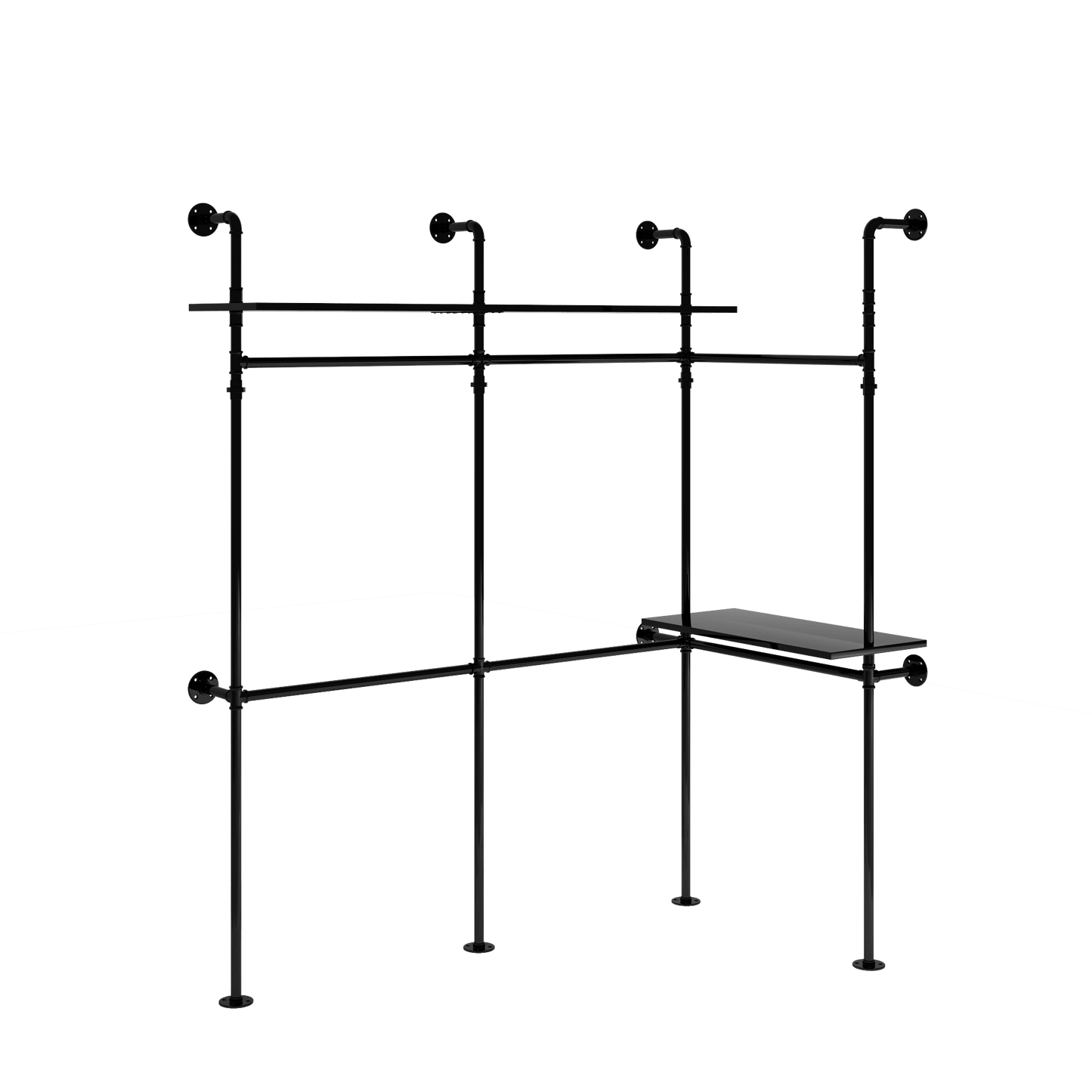 Heavy Duty Industrial Pipe Clothing Rack With LED Lights And Shelves For Walk-In Closet System 118.3 Inch Black Garment Rack