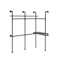 Heavy Duty Industrial Pipe Clothing Rack With LED Lights And Shelves For Walk-In Closet System 118.3 Inch Black Garment Rack