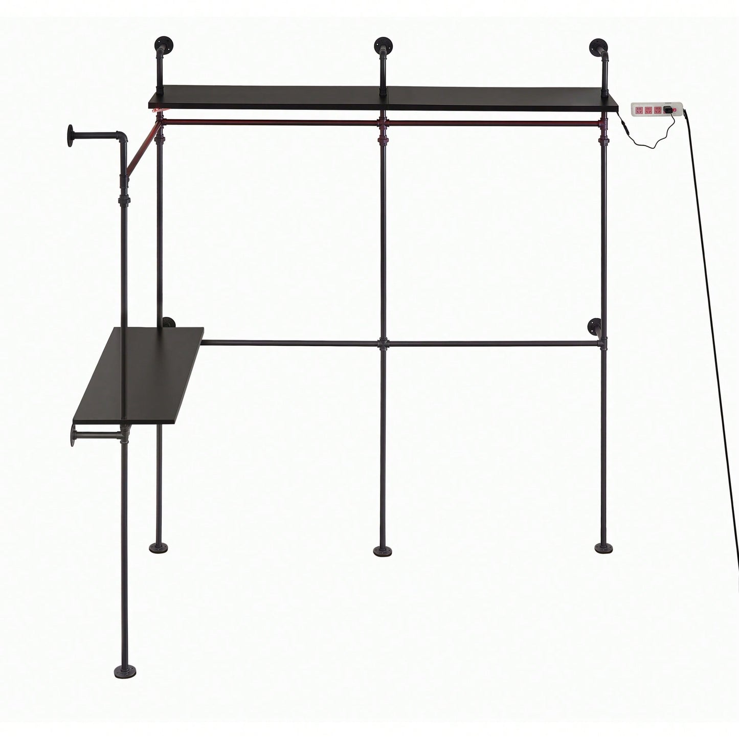 Heavy Duty Industrial Pipe Clothing Rack With LED Lights And Shelves For Walk-In Closet System 118.3 Inch Black Garment Rack