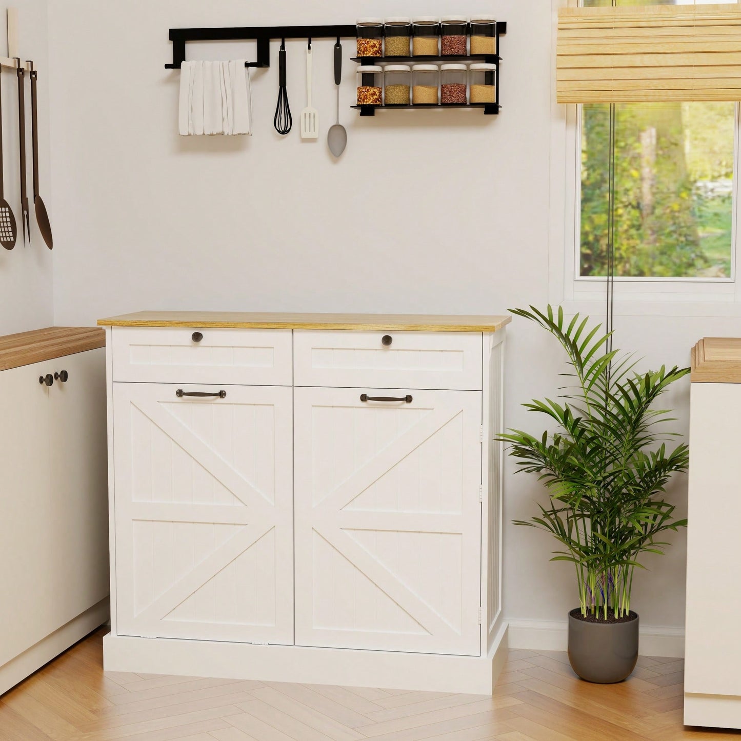 Stylish Kitchen Trash Can Storage Cabinet With 2 Drawers Tilt Out Design And 1 Door With Shelves For Kitchen Dining Room Living Room White