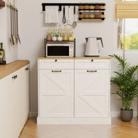 Stylish Kitchen Trash Can Storage Cabinet With 2 Drawers Tilt Out Design And 1 Door With Shelves For Kitchen Dining Room Living Room White