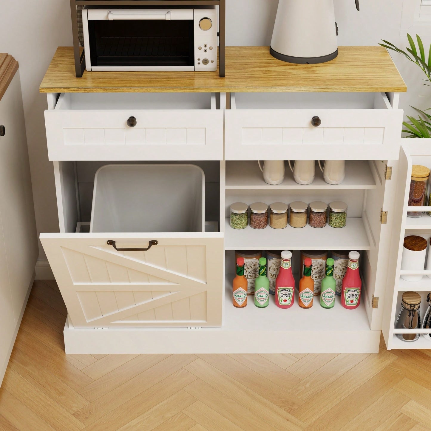 Stylish Kitchen Trash Can Storage Cabinet With 2 Drawers Tilt Out Design And 1 Door With Shelves For Kitchen Dining Room Living Room White