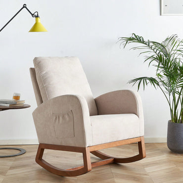 Beige Linen Rocking Chair 27.56 Inch Wide Accent Chair For Living Room And Nursery