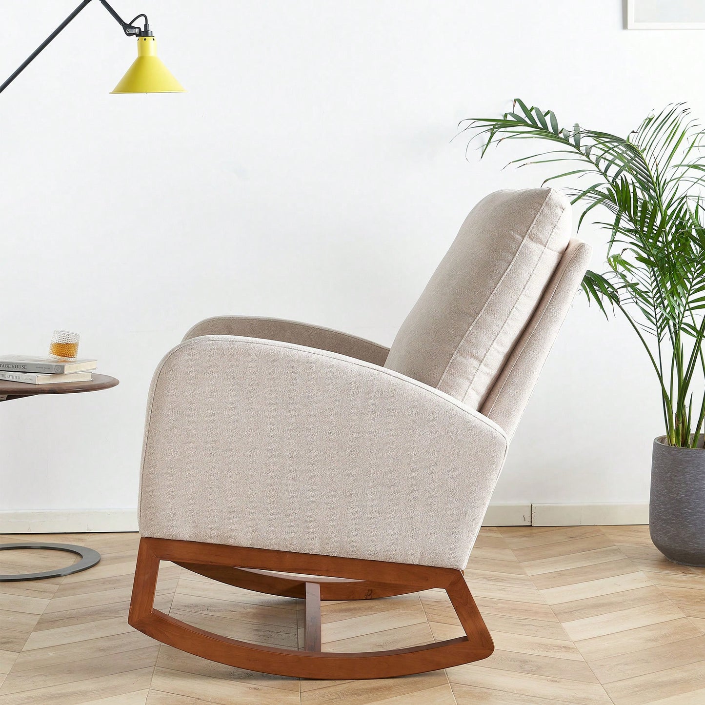 Beige Linen Rocking Chair 27.56 Inch Wide Accent Chair For Living Room And Nursery
