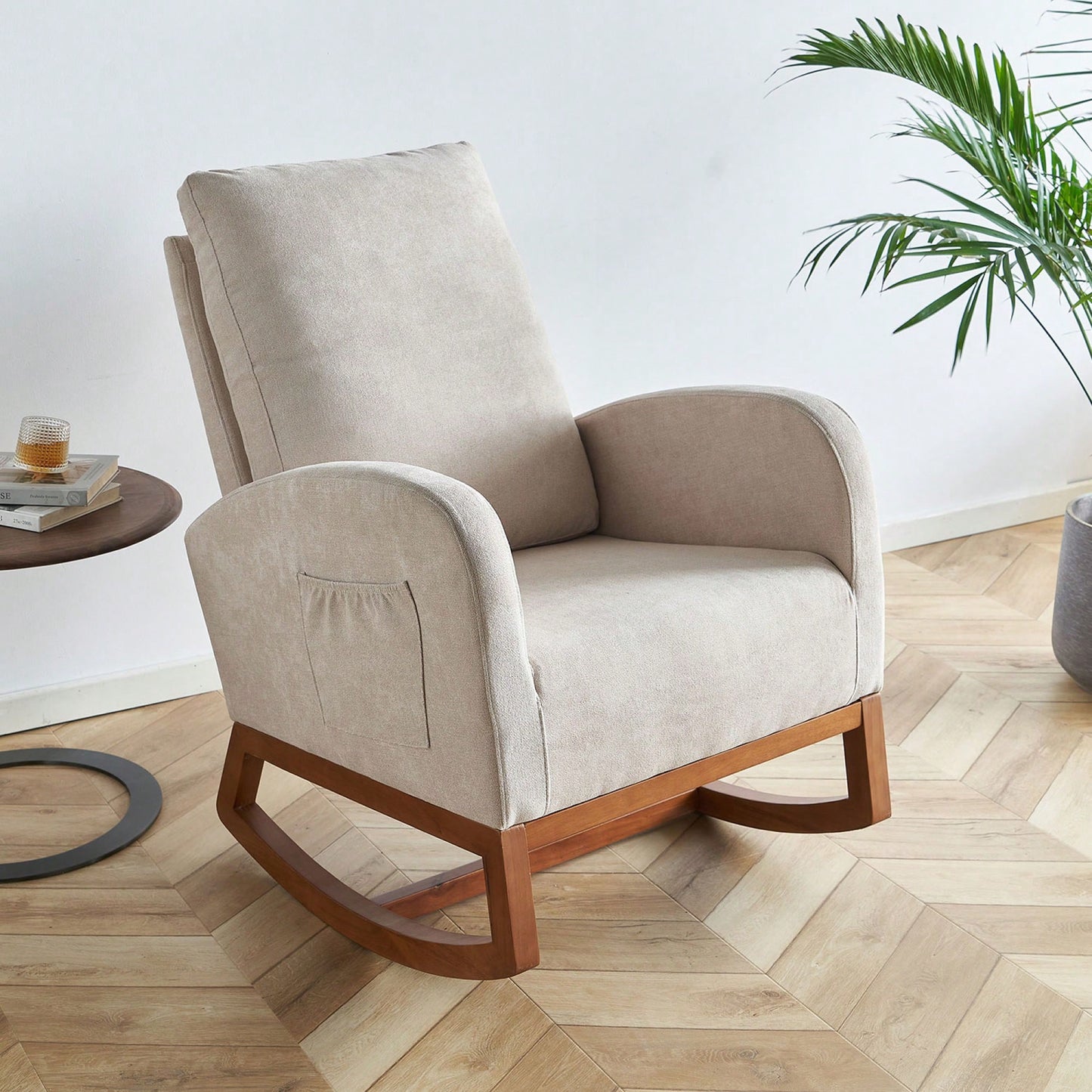 Beige Linen Rocking Chair 27.56 Inch Wide Accent Chair For Living Room And Nursery