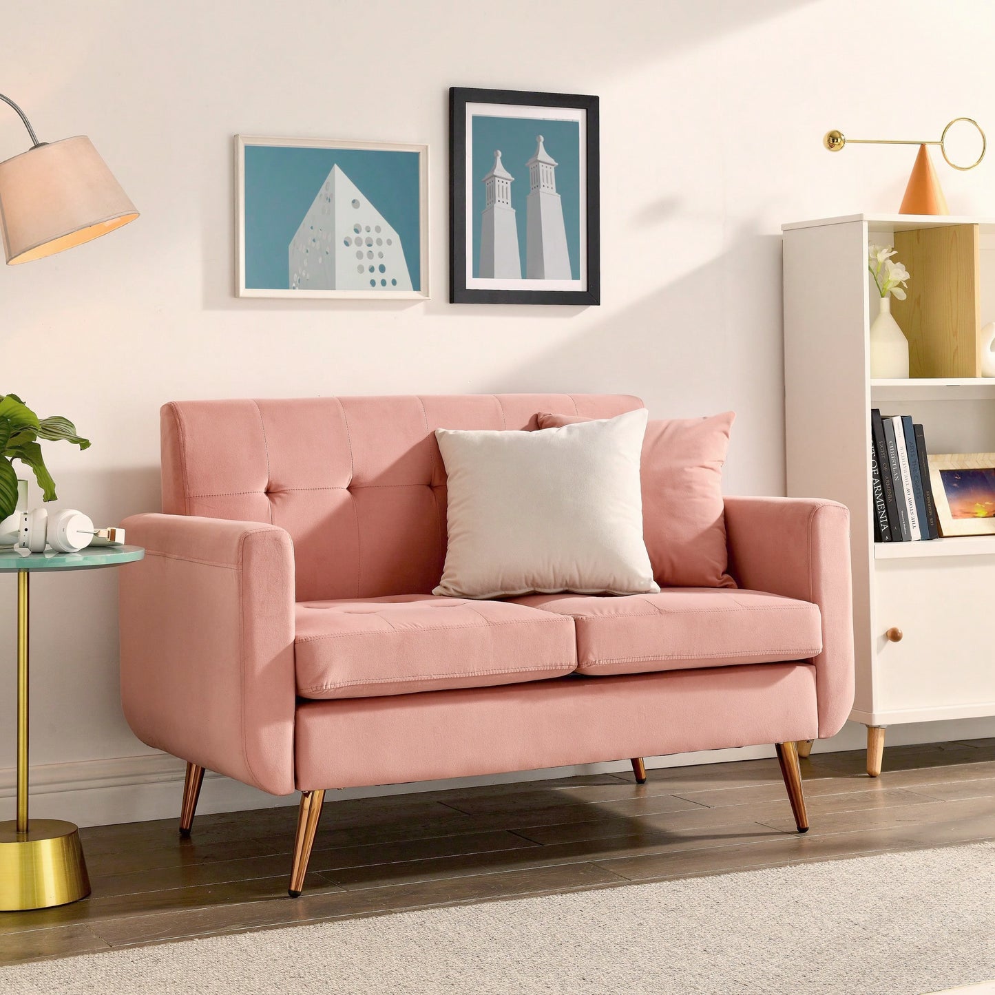 Mid Century Modern Button Tufted Pink Loveseat Sofa For Living Room And Bedroom Easy To Install Upholstered Small Couch