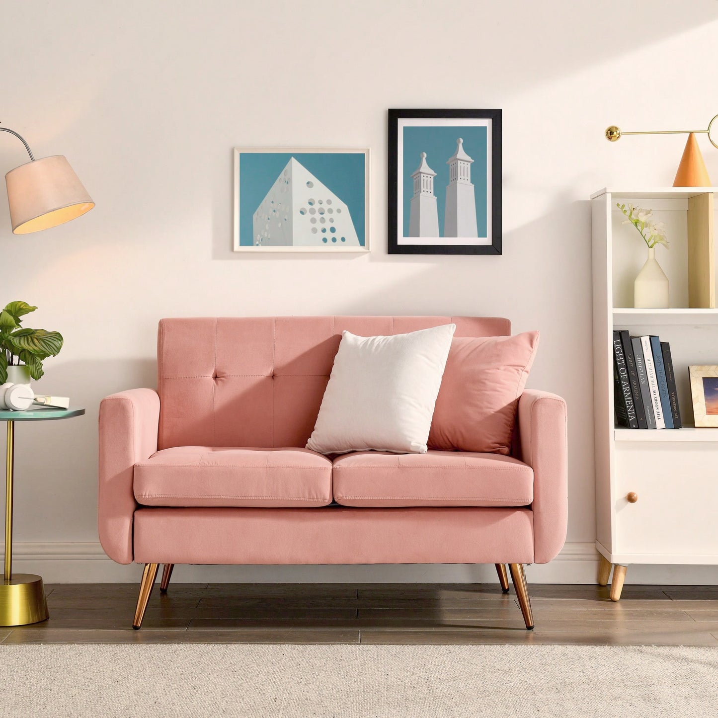 Mid Century Modern Button Tufted Pink Loveseat Sofa For Living Room And Bedroom Easy To Install Upholstered Small Couch