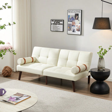 Ivory Linen Fabric Convertible Sofa Bed Futon With Solid Wood Legs For Stylish Living Spaces