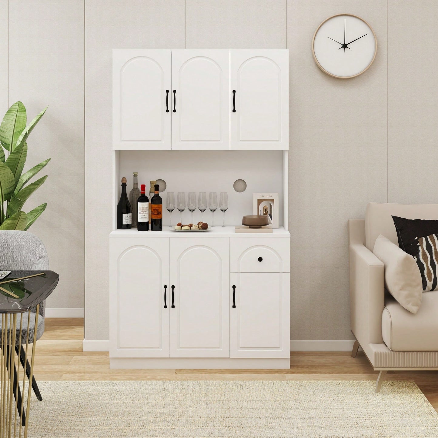 Spacious White Kitchen Pantry Cabinet with Microwave Countertop, Adjustable Shelves, 6 Doors, 1 Drawer for Organized Storage