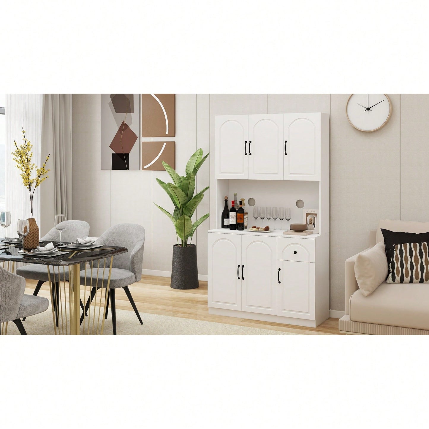 Spacious White Kitchen Pantry Cabinet with Microwave Countertop, Adjustable Shelves, 6 Doors, 1 Drawer for Organized Storage