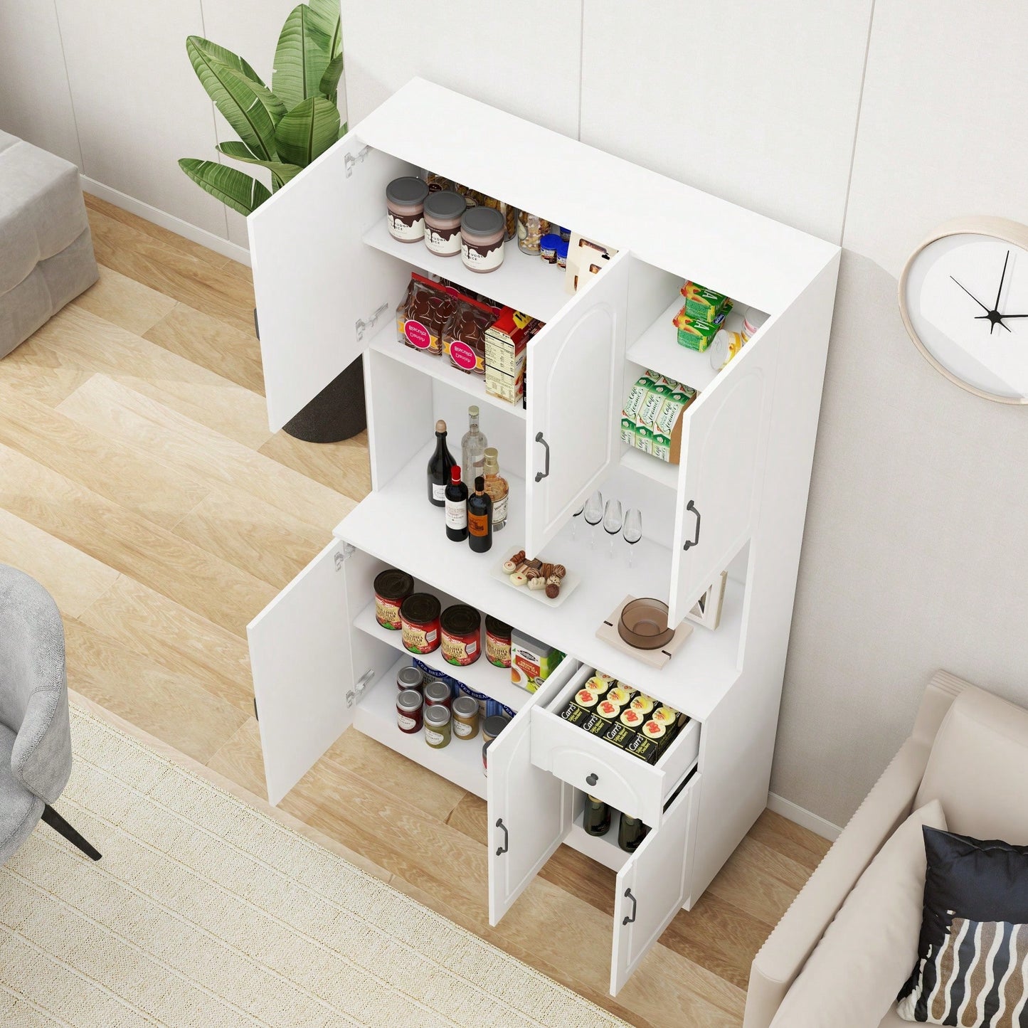 Spacious White Kitchen Pantry Cabinet with Microwave Countertop, Adjustable Shelves, 6 Doors, 1 Drawer for Organized Storage