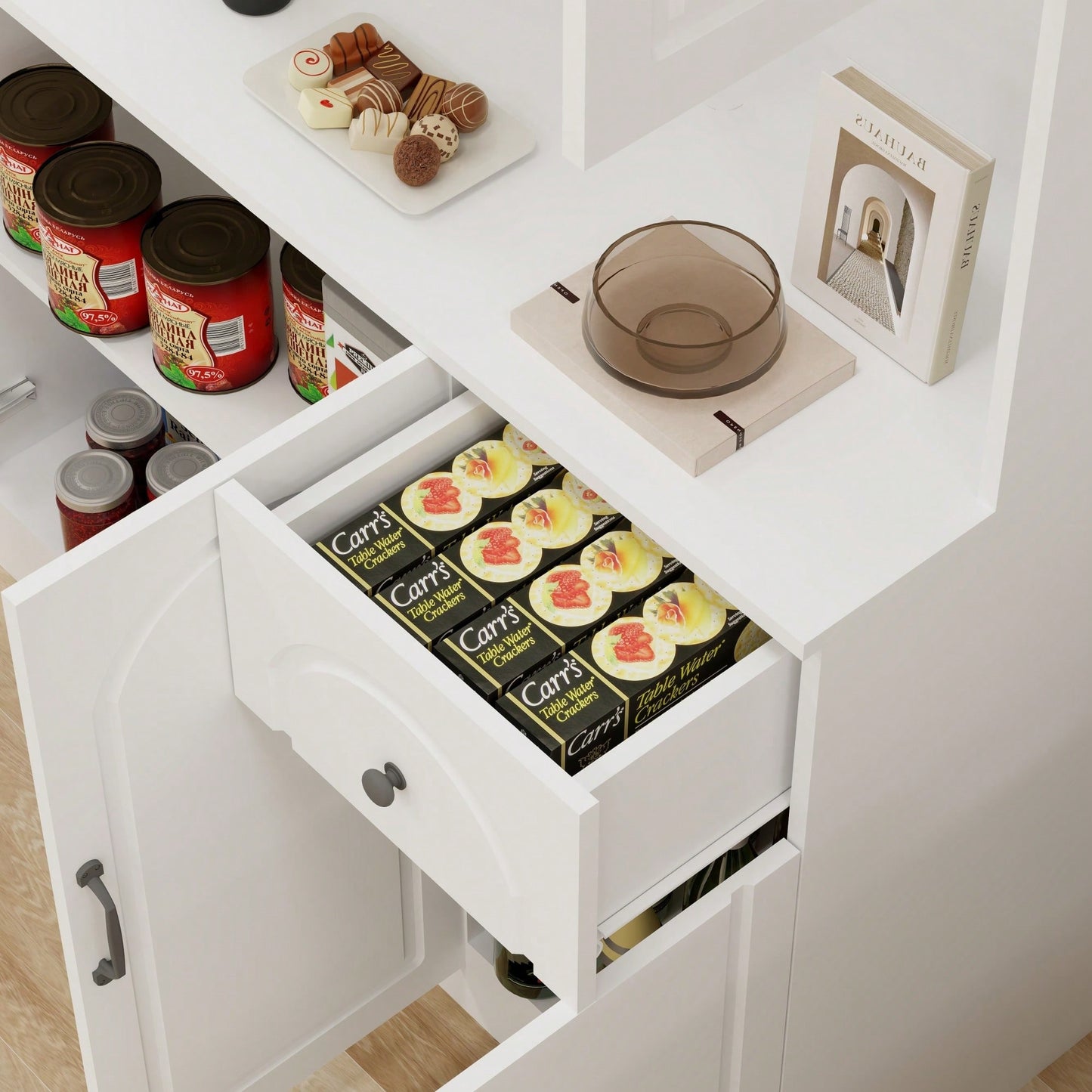 Spacious White Kitchen Pantry Cabinet with Microwave Countertop, Adjustable Shelves, 6 Doors, 1 Drawer for Organized Storage