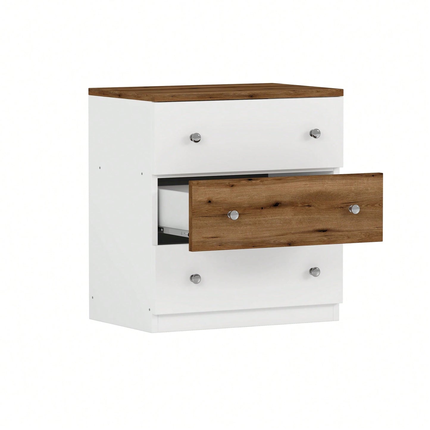 Colorblock 3-Drawer Wooden Nightstand With Plastic Handle For Bedroom Storage In White And Pink