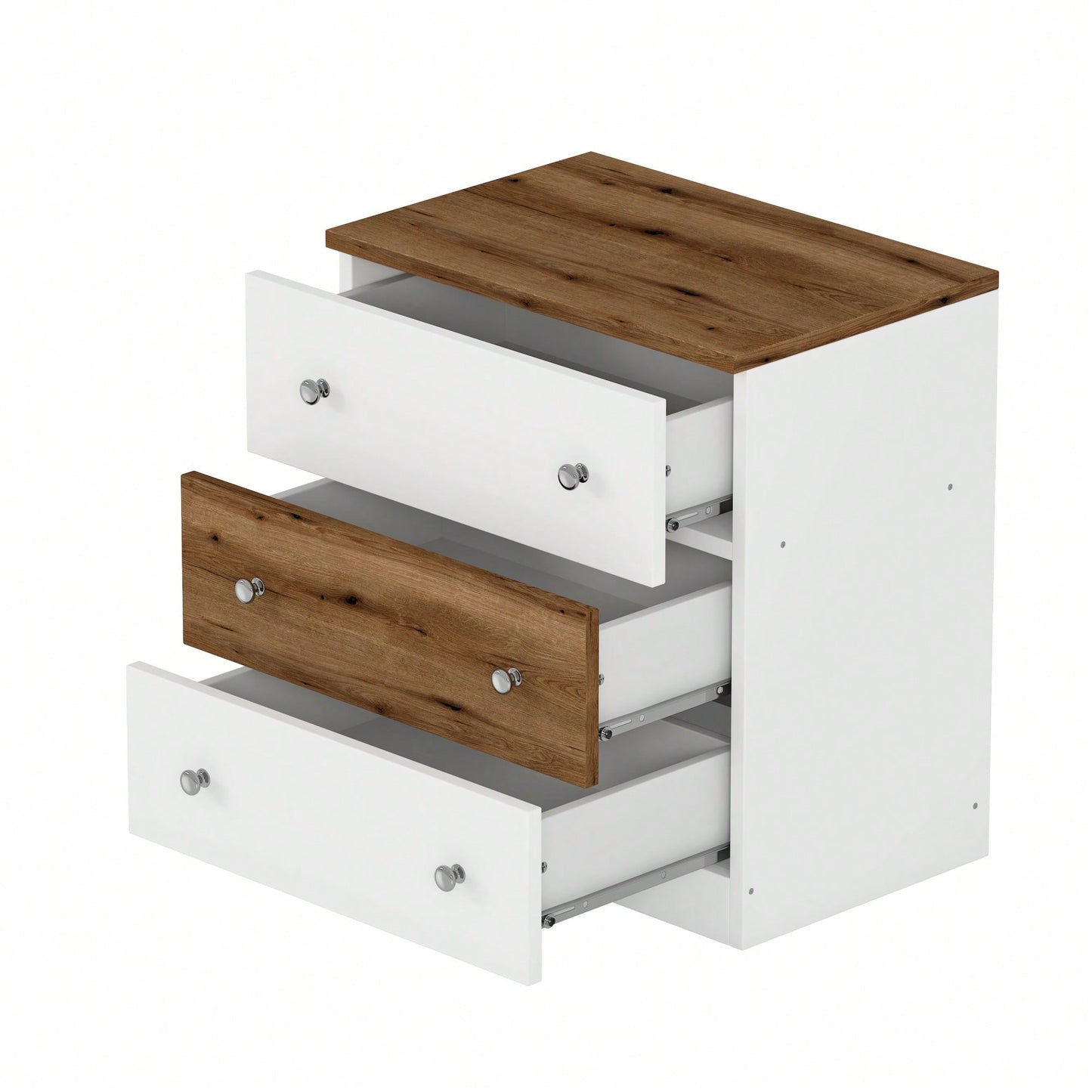 Colorblock 3-Drawer Wooden Nightstand With Plastic Handle For Bedroom Storage In White And Pink