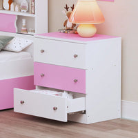 Colorblock 3-Drawer Wooden Nightstand With Plastic Handle For Bedroom Storage In White And Pink