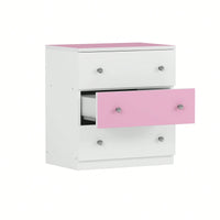 Colorblock 3-Drawer Wooden Nightstand With Plastic Handle For Bedroom Storage In White And Pink