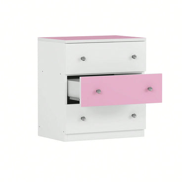 Colorblock 3-Drawer Wooden Nightstand With Plastic Handle For Bedroom Storage In White And Pink