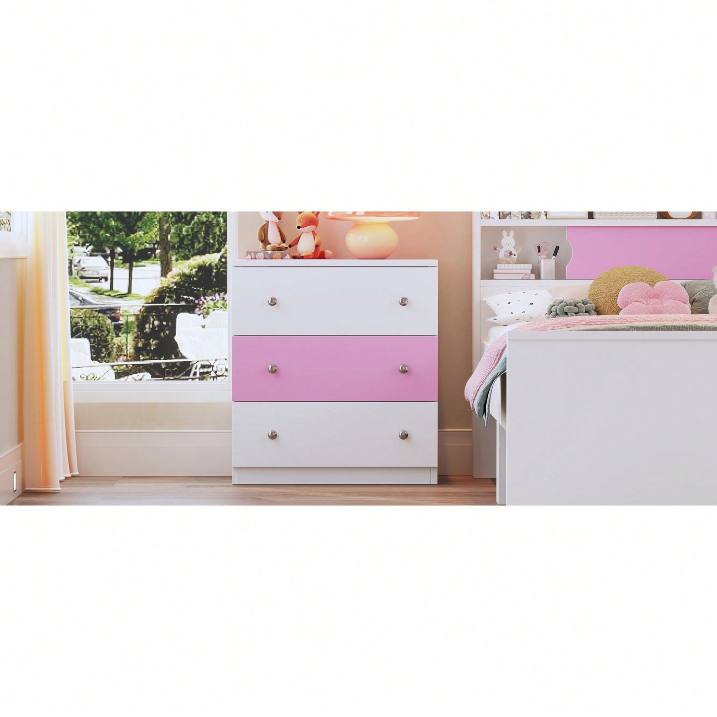 Colorblock 3-Drawer Wooden Nightstand With Plastic Handle For Bedroom Storage In White And Pink