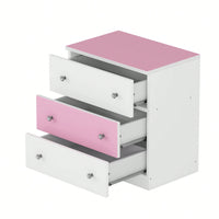 Colorblock 3-Drawer Wooden Nightstand With Plastic Handle For Bedroom Storage In White And Pink