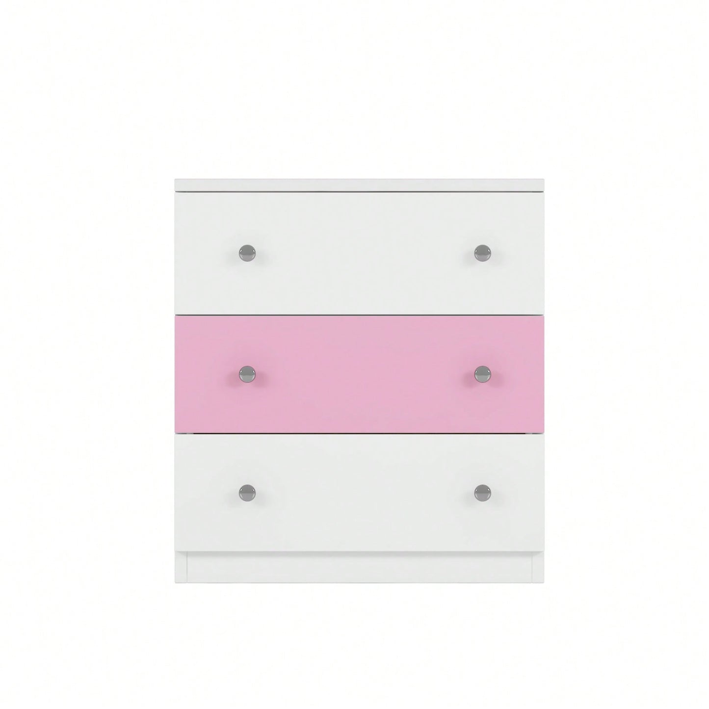 Colorblock 3-Drawer Wooden Nightstand With Plastic Handle For Bedroom Storage In White And Pink