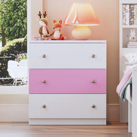 Colorblock 3-Drawer Wooden Nightstand With Plastic Handle For Bedroom Storage In White And Pink