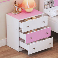 Colorblock 3-Drawer Wooden Nightstand With Plastic Handle For Bedroom Storage In White And Pink