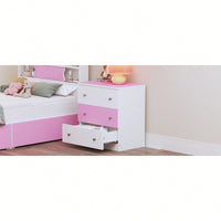 Colorblock 3-Drawer Wooden Nightstand With Plastic Handle For Bedroom Storage In White And Pink