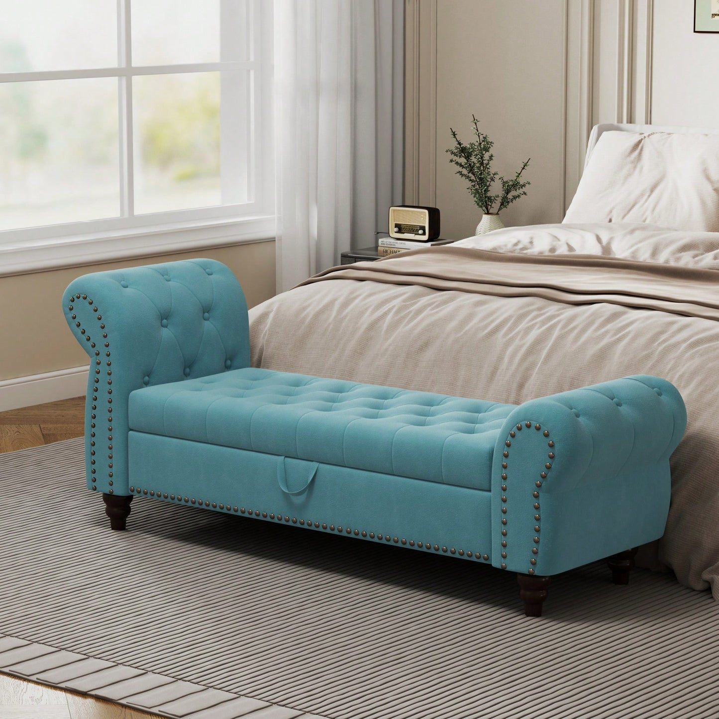 Stylish 64.5 Inch Velvet Upholstered Bed Bench With Storage In Lake Blue For Bedroom Lounge And Tufted Design